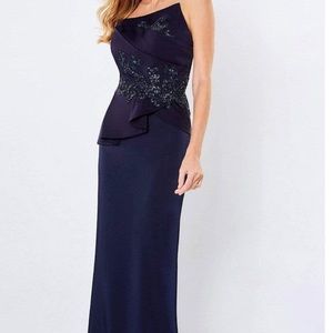 Montage by Mon Cheri Navy One-Shoulder Beaded Peplum Gown